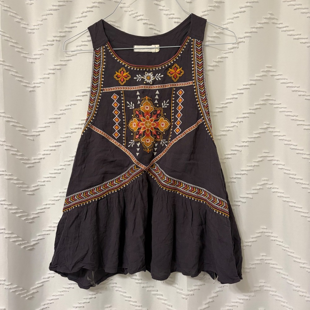 Coco + Jaimeson Womens Embroidered Boho Sleeveless Top Charcoal Gray Large